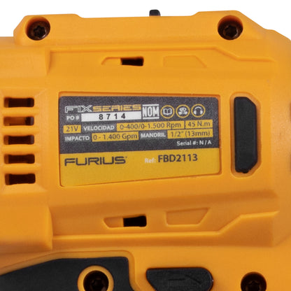 Taladro Percutor Inalimbro/ 1/2 21V 45NM 2BAT Furius